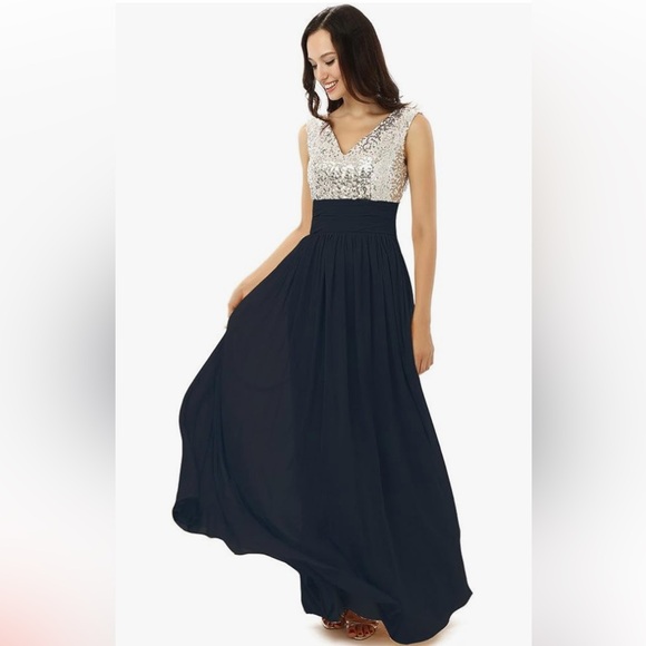 SOIEBLU Silver Sequin Navy Blue Chiffon Formal Metallic V-neckline Dress NWOT - Picture 1 of 9